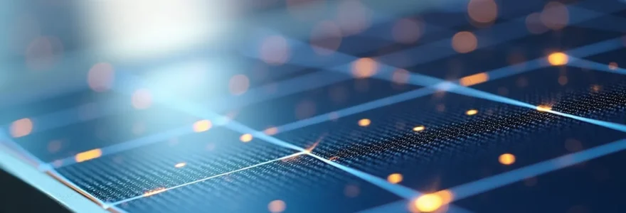 Gros plan détaillé de cellules photovoltaïques monocristallines de haute qualité avec reflets lumineux, montrant la texture d'encapsulant et structure cristalline