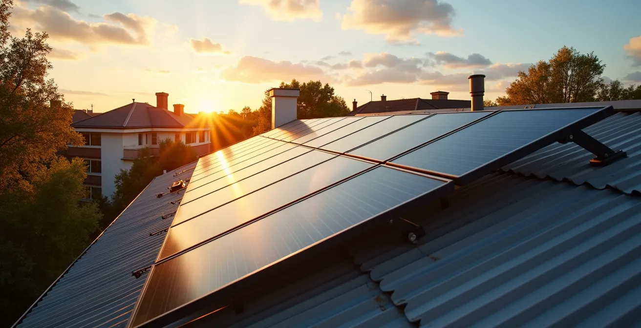 Vue aérienne de toiture résidentielle avec panneaux solaires exposés à ombrage partiel d'arbres et environnement urbain
