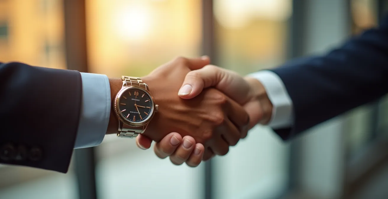 Poignée de main professionnelle scellant un accord sur projet solaire